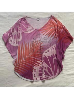 Cache Pink and purple tropical print poncho look top with rhinestone details